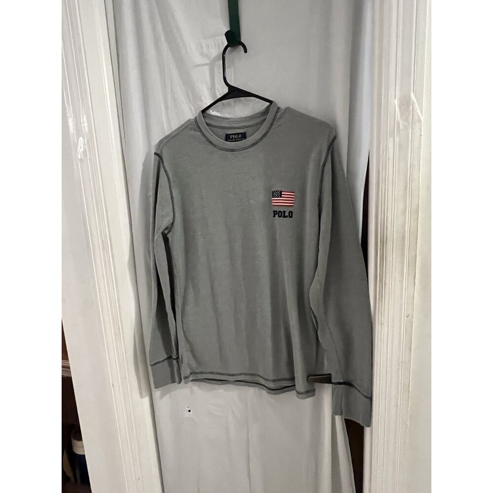 Polo Ralph Lauren Gray Thermal Waffle Knit Long Sleeve Tee Embroidered Flag Sz M